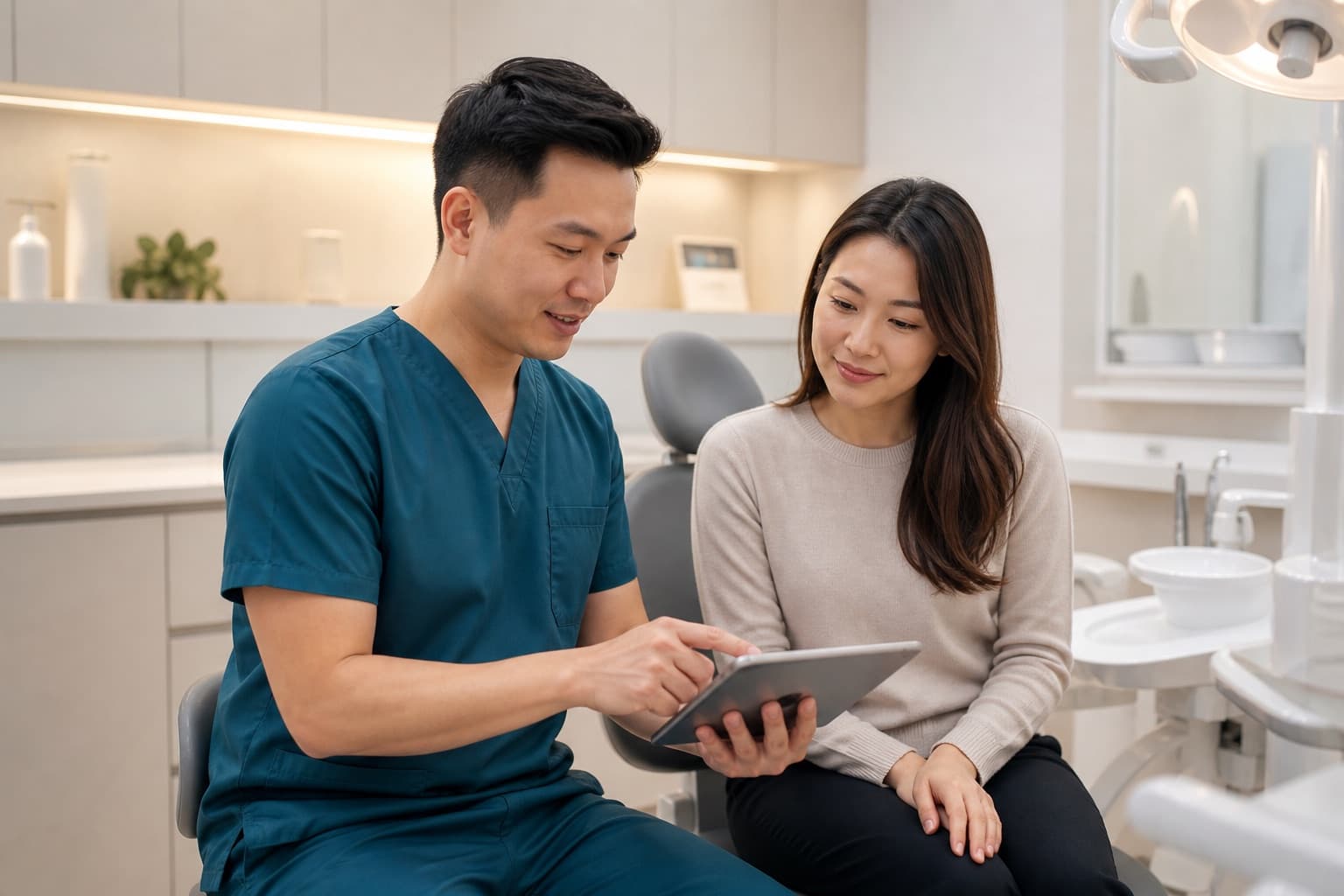 Dentist discussing treatment options with a patient in a modern dental clinic