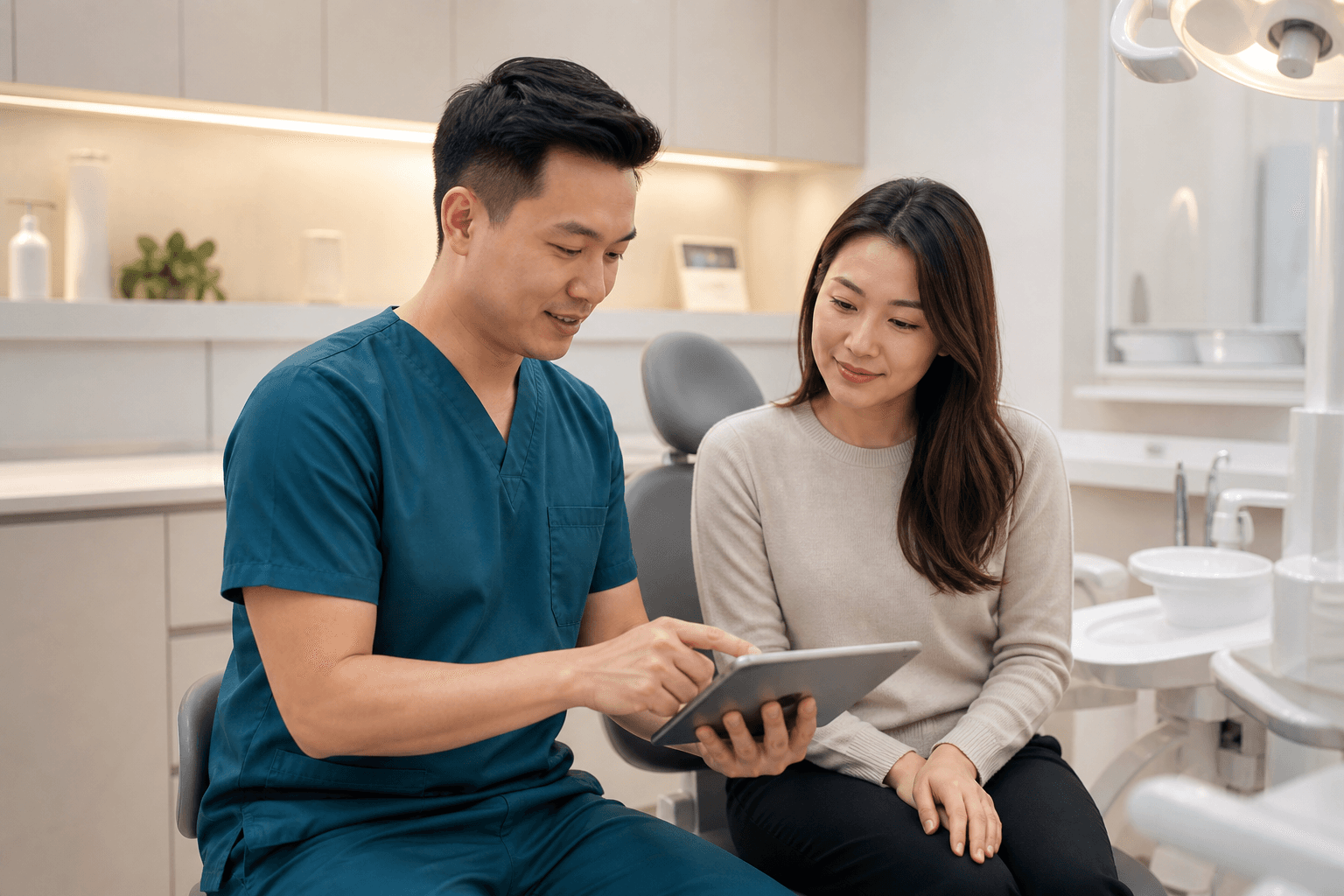 Dentist discussing treatment options with a patient in a modern dental clinic