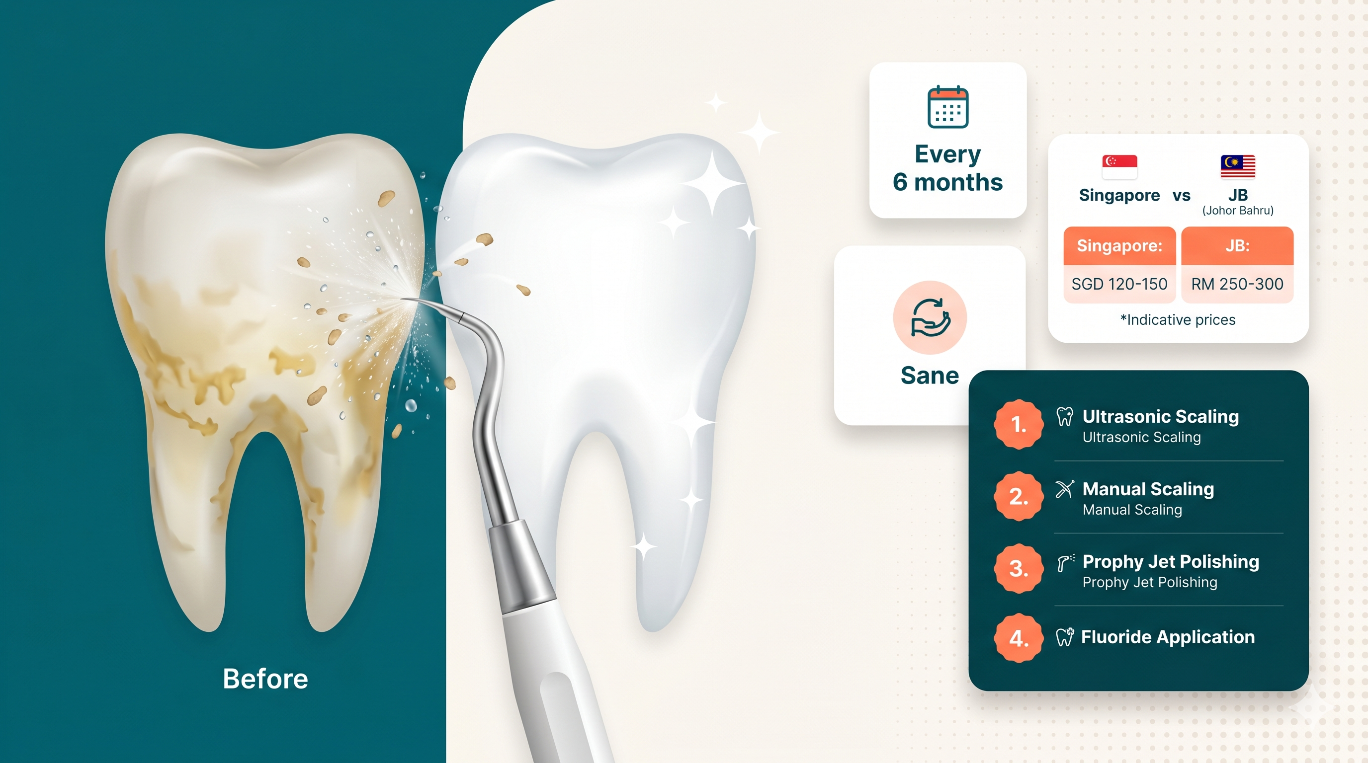 Dental scaling and polishing in JB — before and after, prices, and what's included